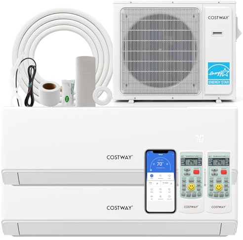 COSTWAY 36k Dual 2 Zone Mini Split Air Conditioner, 23 SEER2 24000 BTU+ 24000 BTU, 208-230V, Wifi Enabled Multi Zones Mini Split AC Heat Pump Full Set, Ductless Energy Star