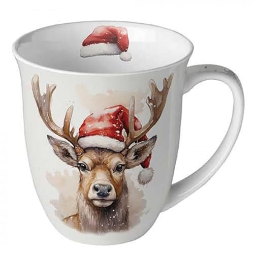 Tasse tasse à café tasse à thé gobelet mug 0,4 l porcelaine bone china fine tasse en porcelaine Noël Avent (cerfs avec bonnet de Noël)