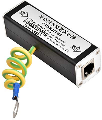 HilBeliFU - RJ11 överspänningsskydd för fax, 110 V blixtskydd med 10 cm jordkabel, telefonbelysningsskydd i metall IP20 för faxmaskin