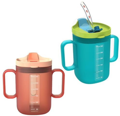 FengYour 2PCS Gobelet pour Soins Aux Personnes âgées,Verre Anti Fuite Enfant,Gobelets à Bec Verseur de 300ml Anses avec Couvercle et Paille pour Patients Handicapés,Personnes Âgées