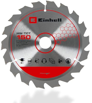 Original Einhell Kreissägeblatt 150x20 (Sägen-Zubehör, Ø 150 mm, Aufnahme 20 mm, 18 geschränkte Zähne, Schnittbreite 1,6 mm, hartmetallbestückt, für Akku-Handkreissägen)