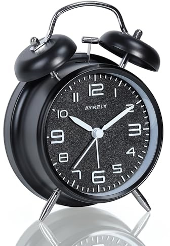 AYRELY® Lauter Wecker für Tiefschläfer – 4 Zoll Retro Metall Doppelglocken-Tischuhr mit Nachtlicht, Wecker analog ohne Ticken, Batteriebetrieben, Ideal für Schlaf- und Nachttische(3D-Schwarz)