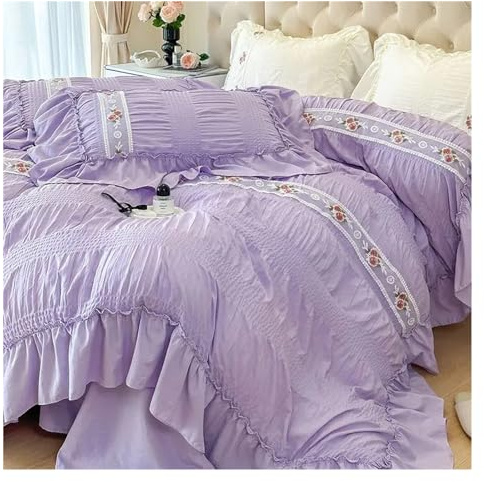 Princess Soft Seersucker Bedding Set Girls Elegant Lace Duvet Cover with Sheet Soft Washed Cotton French Romantic Home Textiles, Luxury Bed in a Bag