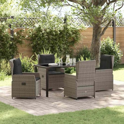 QJBSAVVA Poly Rattan Balkonmöbel Set 5 TLG Grau Garten Essgruppe mit 4 Stühlen & 64 x 64 cm Glas-Esstisch Modernes Design für kleine Balkons Terrassen und Gärten