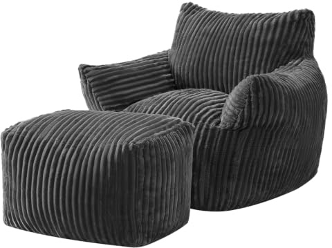 JULY'S SONG Schlafsofas Relaxsessel mit Rückenlehne und Fußstütze, XXL Sitzsack Sessel mit Hocker für Erwachsene, Lazy Sofa, Indoor-Sitzkissen für Schlafzimmer, Wohnzimmer, Wintergarten, Dunkelgrau