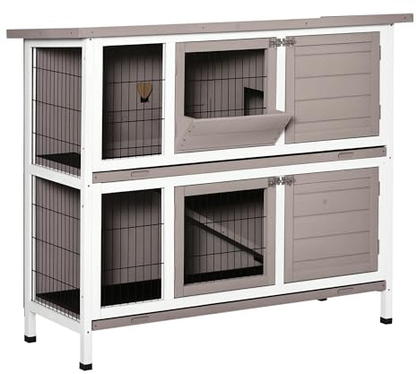 PawHut Conigliera in Legno da Esterno e Interno a 2 livelli, Gabbia per 1-2 Conigli con Tetto Apribile, Mangiatoia, Vassoi Estraibili, Rampa e Porte con Serratura, 122x50x101 cm, Grigio Marrone