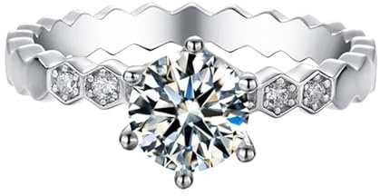 Freundschaftsringe Damen, Freundschaftsringe Freundinnen 6-Zinkig Rund mit 1 Karat Moissanit Silber 18K Weißgold Größe 62 (19.7)