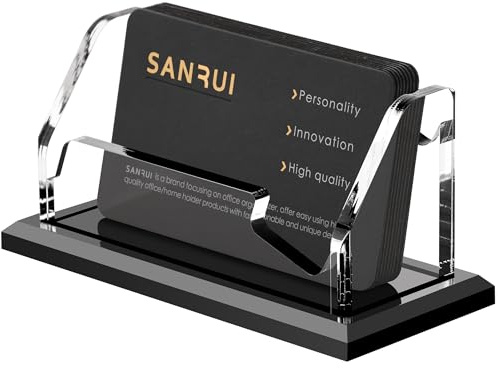 SANRUI Acryl Visitenkartenhalter – 60+ Visitenkartenständer, Schwarz Massiv-Sockel, Business Card Holder für Messe, Empfang, Praxis & Büro