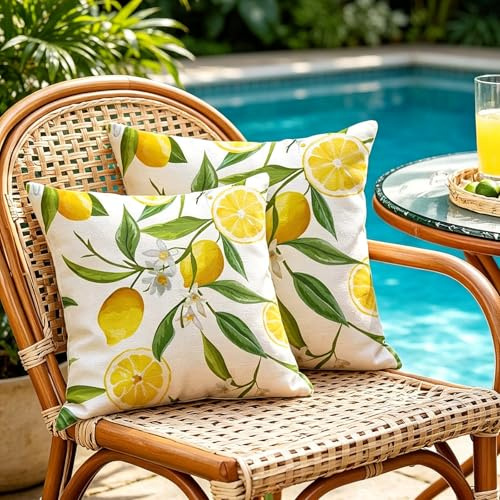 GgiAvbn Outdoor Kissen 45x45 cm Set 2er Zitronen Deko Kissenhüllen, Outdoor Kissen Wetterfest Outdoorkissen Garten Terrasse Balkon Sofa Couch Sommer Dekokissen Zitronen für Indoor Outdoor