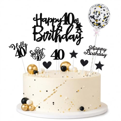 ALLAVA Happy 40th Birthday Cake Topper, 10 Pcs Glitter Happy 40th Birthday Cake Decorations, Black 40 Cupcake Toppers for Women and Men, 40 Birthday Party Supplies