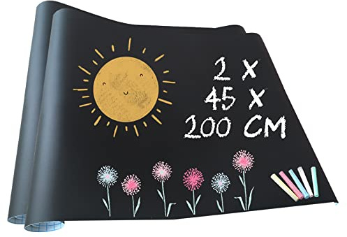 Selbstklebende Tafelfolie verschiedene Größen | Kreidetafel | 5 Stück Bunte Kreide Gratis (2x 45cm x 200cm)