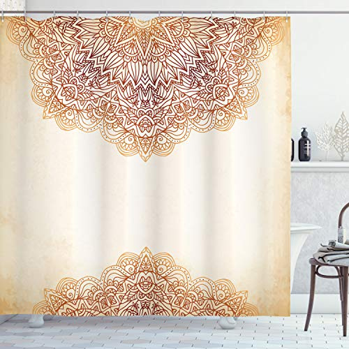 ABAKUHAUS Mandala Duschvorhang, Oriental Klassiker, Stoffliches Gewebe Badezimmerdekorationsset mit Haken, 175 x 240 cm, Beige