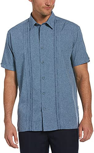 Cubavera Broderad kortärmad skjorta i chambray med knappar, för män, skrynkelbeständig, spetsig krage, ventilerande mjukt tyg, 4XL stor tall