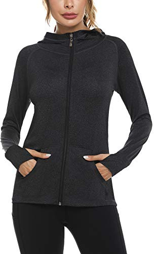Sykooria Chaqueta Deportiva Mujer Manga Larga Running Sudaderas Mujer con Bolsillos Sudadera Mujer Cremallera y Capucha con Agujeros para los Pulgares S-XXL