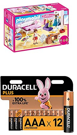 Playmobil Dollhouse 70208 Schlafzimmer und Nähstudio, mit Lichteffekten, ab 4 Jahren + Duracell Plus AAA Alkaline-Batterien, 12er Pack