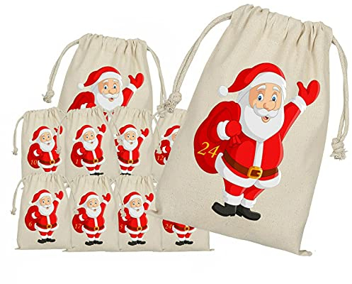 Adventskalender zum Befüllen, 24 Adventskalender Stoffbeutel, Bedruckt, Weihnachtsmann, Nikolaus, Weihnachten Geschenksäckchen,Säckchen, DIY Weihnachtskalender