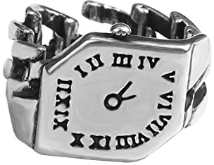 Dtja Vintage Clock Statement Ring for Women Silver Plated Retro Shape of Watch Case Expandable Adjustable Open Chain Wrap Rings Comfort Fit Creative Birthday Valentine Party Jewelry for Friend