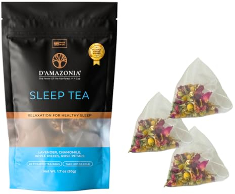 D’Amazonia Sleep Tea | Award Winner | 100% Natural | A Blend of 14 Herbs and Fruit | Chamomile, Hibiscus, Lemon Balm | 1 Pack of 15 Pyramid Tea Bags | Calm Tea | Night Tea