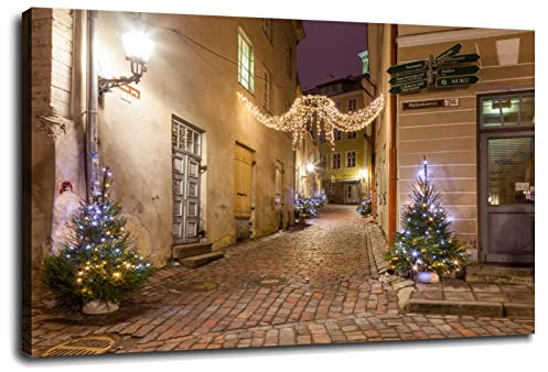 Tallinn Streets Lights Weihnachtsbaum Weihnachten Leinwanddruck Poster Wandkunst für Zuhause 1 Stück Dekorationen mit Rahmen 61 x 40,6 cm