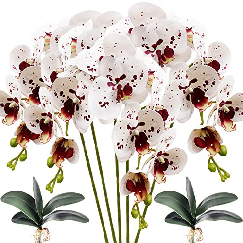 HinyoCo 5 Piezas de Flores de orquídeas 8 Cabezas Phalaenopsis Artificiales con 2 Piezas Hoja de Flores de orquídeas Mariposa para decoración del hogar (Blanco con Manchas)