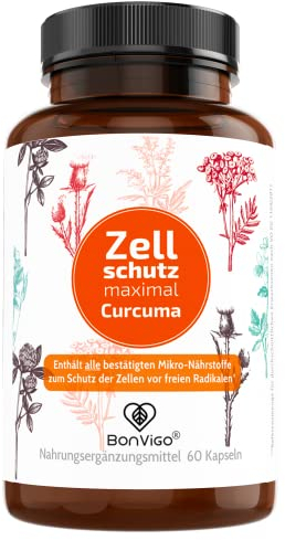 BonVigo® Kurkuma + Zellschutz komplett - Spezial Formel: alle Mikronährstoffe mit nachweislicher Wirksamkeit zum Schutz der Zellen* - Vegane Kapseln mit Kurkuma Pulver und Extrakt hoch konzentriert