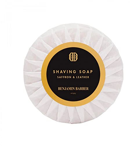 Benjamin Barber Premium Rasierseife Saffron & Leather mit maskulinem Duft - Vegane, handgefertigte Seife für die Rasur mit Rasierhobel & Rasiermesser 50g (1er Pack)