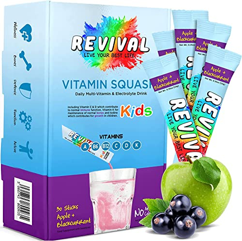 Revival Multivitamin Getränk für Kinder – Vitamin A, C, D, K, B6, B12 – Immunität, Wachstum, Entwicklung - Apfel & Schwarze 6er Pack