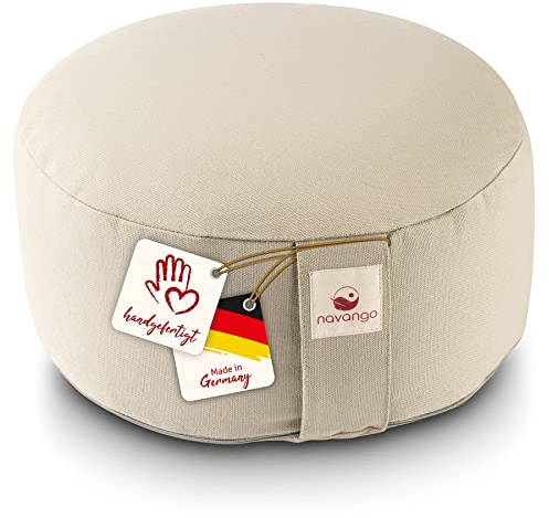 navango® Meditationskissen - Natur I Rundes Yogakissen handgefertigt in Deutschland I Sitzhöhe 15cm I Verdeckter Reißverschluss I 100% Dinkelspelz Füllung I Waschbarer Bezug 100% Baumwolle