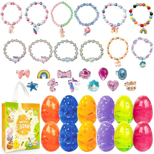 12Pcs Easter Surprise Eggs with Cute Bracelet & Ring Inside Premium for Easter Theme Party Favors, Supplies for Easter Egg Hunt, Basket Stuffers/Fillers, Classroom Prize Supplies Toddler Boys Girls