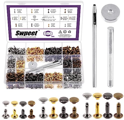 Swpeet 600 Sets 4 Colors 6mm 8mm 12mm Leather Rivets Double Cap Rivets with 3Pcs Fixing Tools Assortment Kit, Leather Rivets Double Cap Rivets Tubular for DIY Leather Craft Clothes Shoes