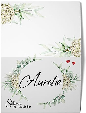 50 Tischkarten/Platzkarten Schön, dass du da bist für Hochzeit, Konfirmation, Geburtstag, Feier - A7 Klappkarten im Boho-Design: Hortensie
