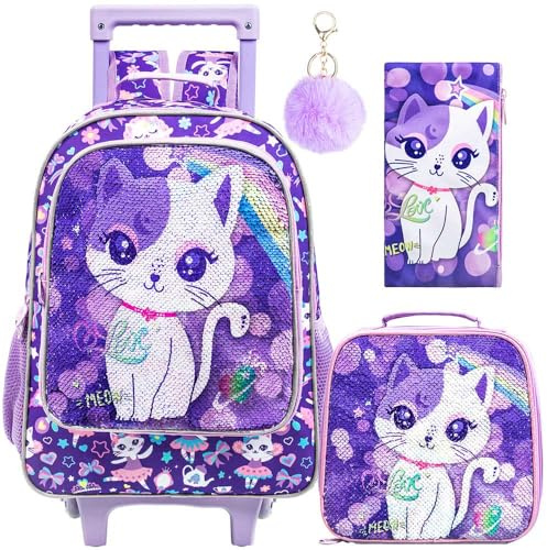 KLFVB Rollrucksack für Mädchen und Jungen, Kinderrollen-Schultasche mit Lunch-Tasche, Schultasche mit Rädern für Kinder, Katze lila, Einheitsgröße, Rollrucksack für Mädchen