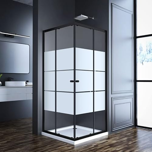 Duschkabine Schwarz 90x90cm Eckeinstieg Gestreift Schiebetür, Goezes Duschkabine 90x90cm Duschabtrennung Duschwand mit 6mm ESG Sicherheitsglas Höhe 185cm, LINKS & RECHTS MONTIERBAR