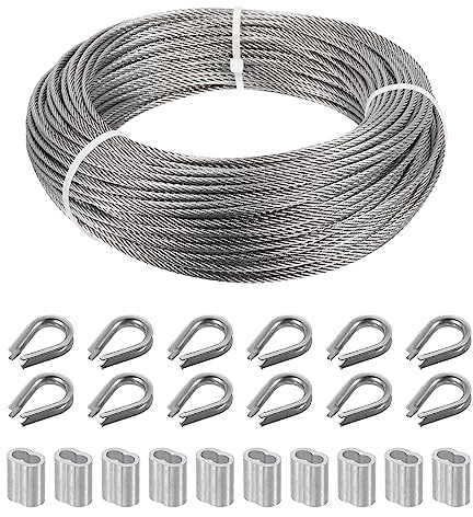 PATIKIL 1/8 Fil Corde Trousse, 200Ft Inox Acier Câble 7x7 Torons avec 50pcs Aluminium Sertis Manchons & 12pcs Fil Corde Cosses pour Jardin Clôture Garde-corps