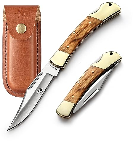 SENBON Folding Lock Back Knife 4in 440a - Cuchillo afilado para exteriores (madera de olivo, mango de cobre con funda de piel)