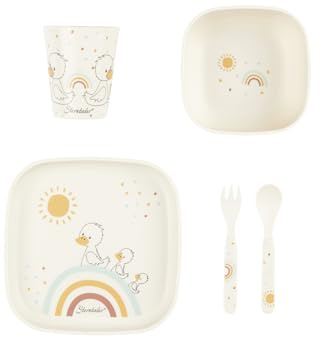 Sterntaler Geschirrset Ente Edda Lou ecru, 5er Set für Jungen und Mädchen bestehend aus Trinkbecher, eckigem Teller, eckiger Breischale und Löffel und Gabel