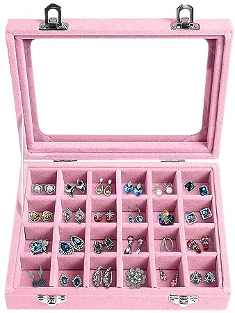 24 Fächer Damen Schmuckkasten Schmuck Box Schmuckkoffer Schmuckständer Aufbewahrungsbox für Ringe Ohrringe Halskette (Rosa)