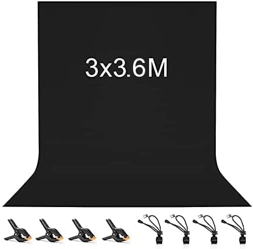 Vevelux Svart bakgrund 3 x 3,6 m/10 x 12 FT, 100 % polyester fotografi bakgrund med 4 anti-veck bakgrundsklämmor och 4 fjäderklämmor vikbar, tvättbar vit skärm för studio fotovideo