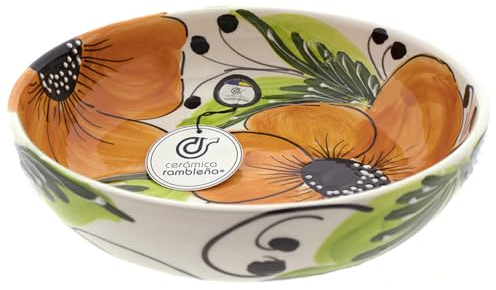 CERÁMICA RAMBLEÑA | Ensaladera cerámica | Ensaladeras originales | Ensaladera Flor Naranja - Modelo 27 | Decoración 100% hecho a mano | 24x24x5.5 cm