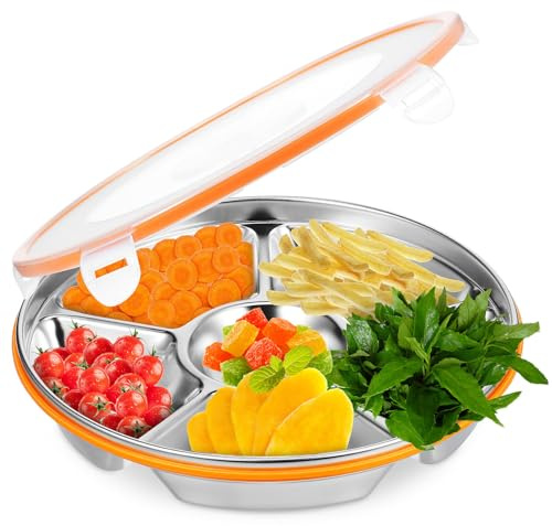 BESTonZON Plateau De Service Divisé Avec Couvercle Plateau De Collation De Fête En Acier Inoxydable À 6 Compartiments Plateau De Service Divisé Pour Légumes Bonbons Et Collations ()