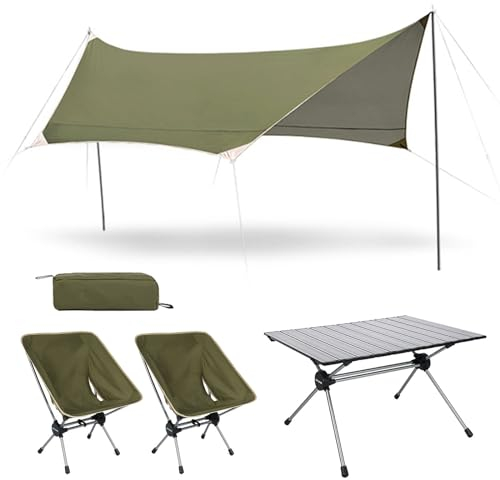4er-Set Campingmöbel Mit 2 Stühlen, 1 Tisch Und 1 Sonnenschutztuch, Zusammenklappbare Stühle Und Tisch Für Den Außenbereich Mit Tragetasche Und Aufrollbarer Aluminiumplatte