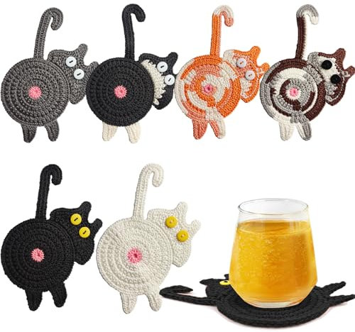 Cute Cat Cup Coasters - Gifts for Cat Lovers, Woven Creative Knitted Coaster for Coffee and Tea, Funny Drink Insulation, Table Protection Desktop Gifts (6PCS)