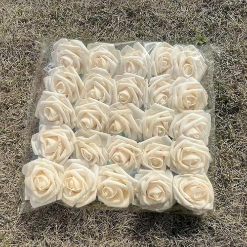 WRJLIN Künstliche Schaumrosen mit Stiel, 8 cm, für Valentinstag, DIY-Blumenstrauß, Brautparty, Heimdekoration, 25–50 Stück, Champagnerrosa, 25