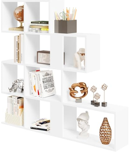 eSituro Bücherregal 4 Ebenen, Raumteiler Regal mit 11 offenen Fächern, freistehendes Treppenregal, Standregal, Stufenregal, für Wohnzimmer, Schlafzimmer, Büro, 115x109,5x19,5 cm, weiß