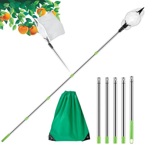 Recolector de frutas con mango telescópico, herramienta de recogida de frutas de 2 metros con poste de conexión de acero inoxidable y bolsa de tela para cereza, baya, naranja, limón y pera (2 m)