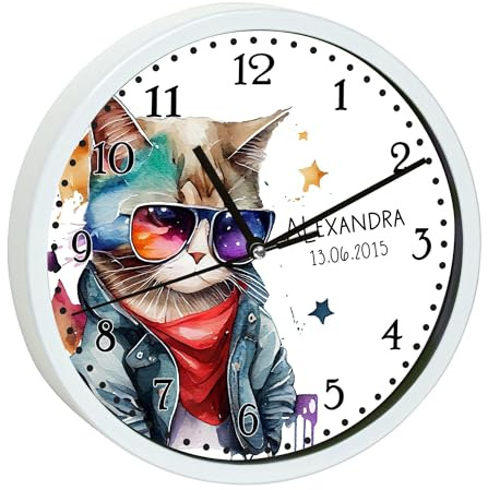 CreaDesign, Wanduhr Kinder personalisiert mit Name, Motiv Wanduhr mit weißen Rahmen Katze cool, Rahmen Wanduhr weiß, Ø 19,5 cm