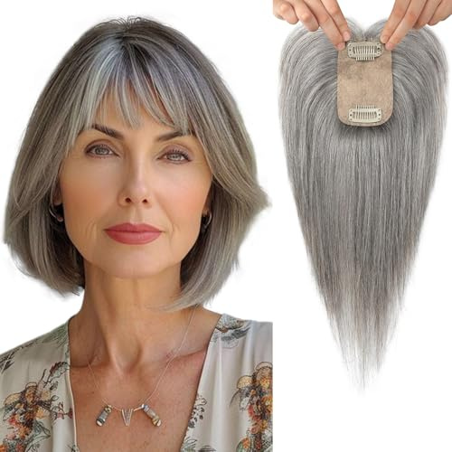 Flufymooz Real Human Hair Toppers for women Echthaar-Topper für Frauen, 26 cm Clip-in-Pony, 100% Echthaar-Topper für dünner werdendes Haarteil, Cover-Haarteil mit 150% Dichte, Seidenbasis-Grau