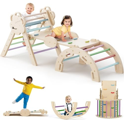 COSYLAND Pikler Triangle Set - 8 in 1 Large Climbing Toys for Indoor - Wooden Foldable Jungle Gym for Toddler & Baby, CPC/SOR/CE Certified Enjoys Unique Patented Design, Rainbow