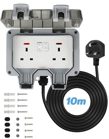 Outdoor Socket Waterproof, 10m Outdoor Plug Sockets, IP66 Waterproof Outside Sockets, Double Socket 10M Extension Lead, Wall Electrical Outlet 13 Amp, 2 Gang Storm Switched Indicator Light