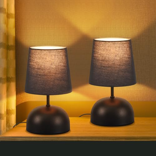ZMH Nachttischlampe 2er Set Tischlampe mit Kabel - Tischleuchte Schwarz Klein Nachtlampe Schlafzimmer Stoff Bettlampe Modern Design Schreibtischlampe für Wohnzimmer Büro Bett Tisch Fenster Hotel